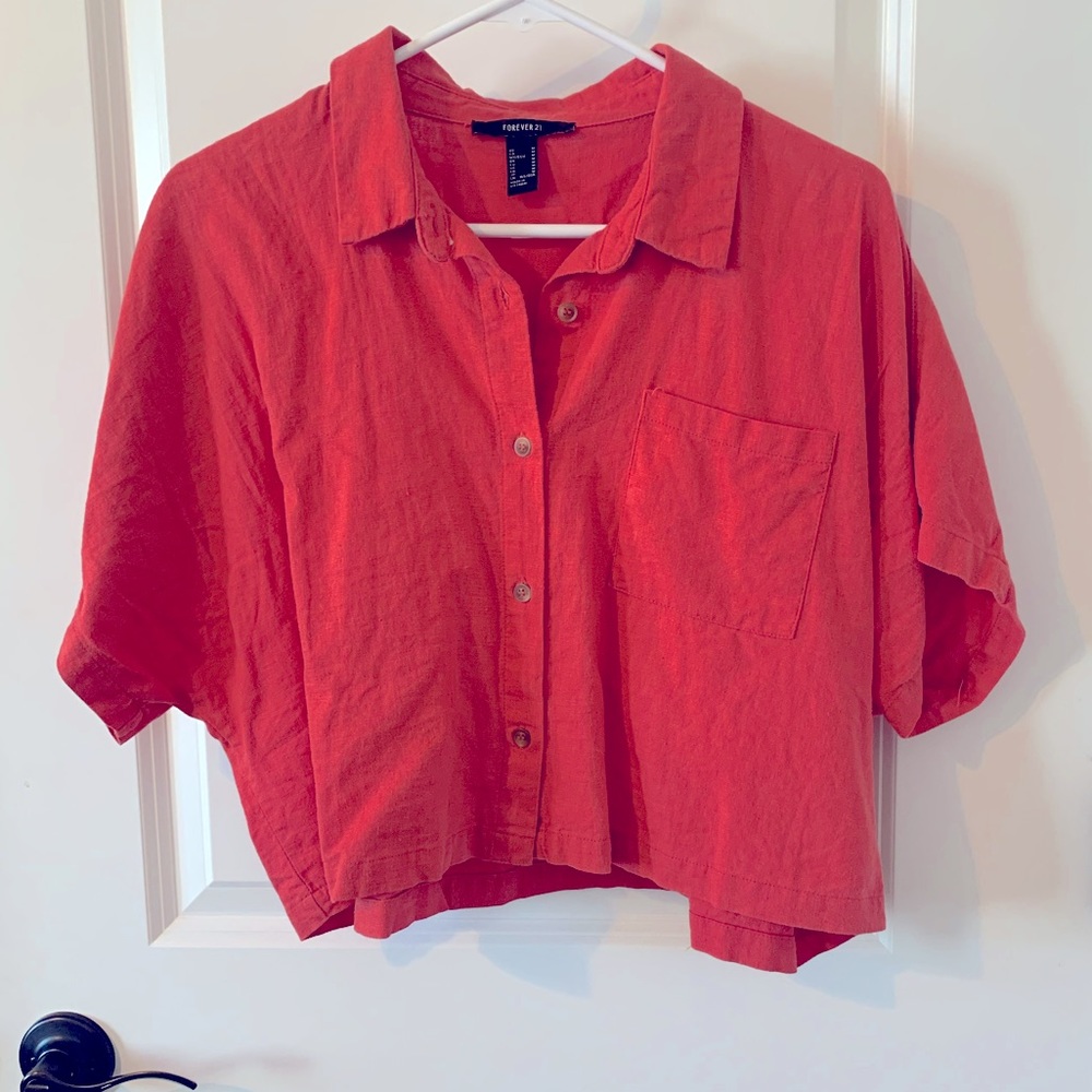 90s Vibe Linen Crop Button-Down Shirt